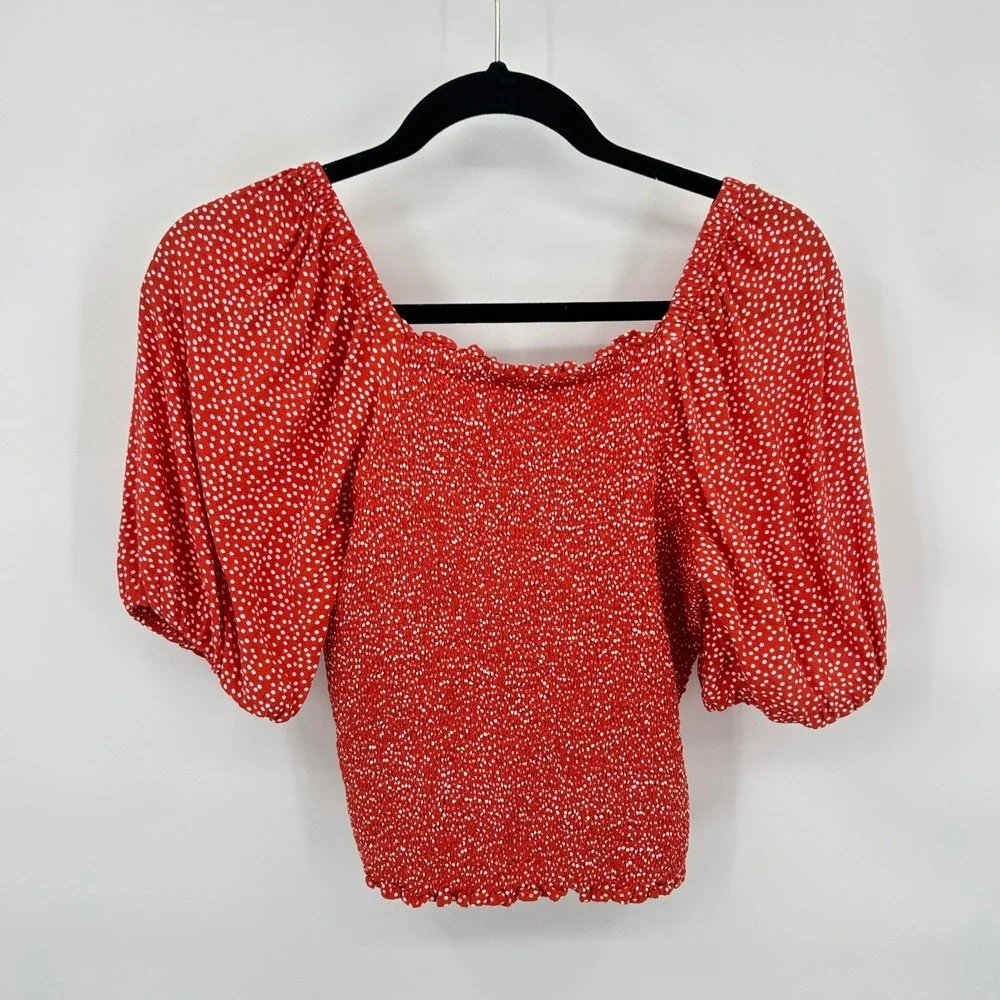 Coquette Smocked Puff Sleeve Top S Red‎ Polka Dot Square Neck Romantic Feminine